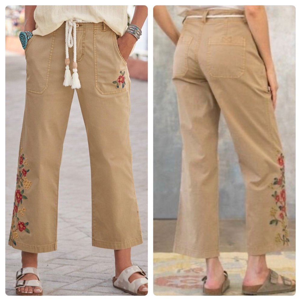 Sundance Floral embroidered Pants Women 6 Beige Straight Mid rise Neutral tassel